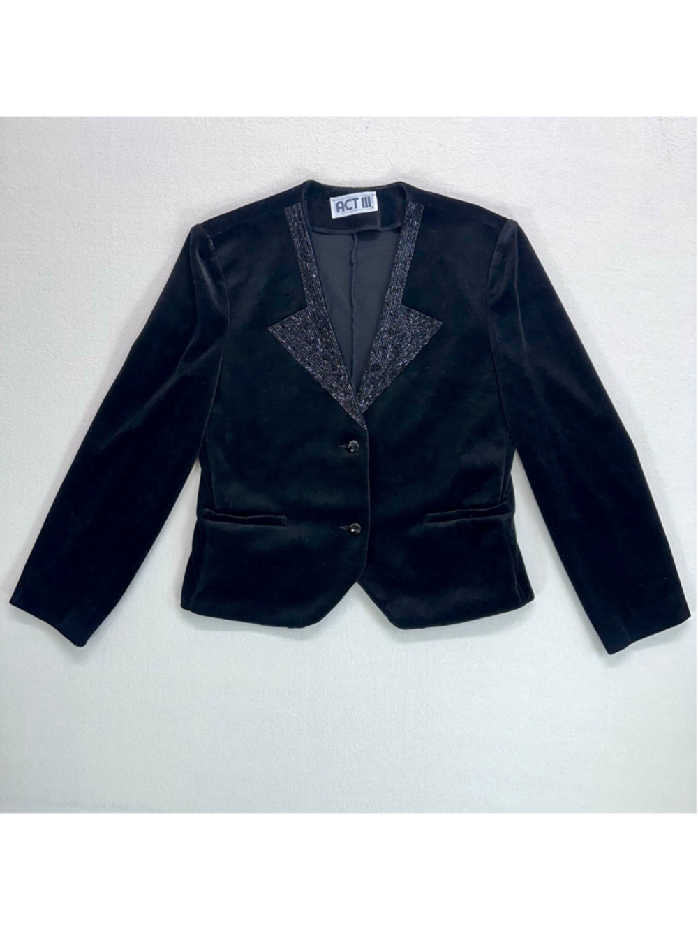 Vintage Act III Black Velvet Blazer Beaded Lapel Collar Tuxedo Jacket Sz M 8-10
